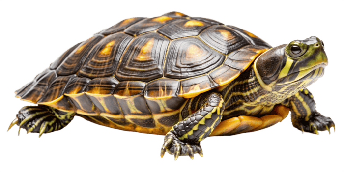 A close-up view of a colorful turtle resting on a smooth surface under bright lighting in a natural setting, transparent png