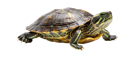 A close-up of a vibrant turtle resting on a flat surface in a well-lit environment, showcasing its detailed shell and features, transparent png