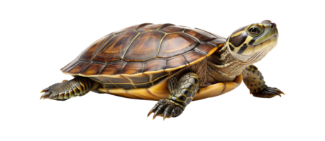 A close-up of a yellow-bellied slider turtle resting on a white surface indoors during daylight hours, transparent png