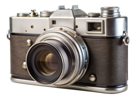 Vintage camera with leather finish and manual settings captured in a well-lit studio environment showcasing classic design and craftsmanship, transparent png