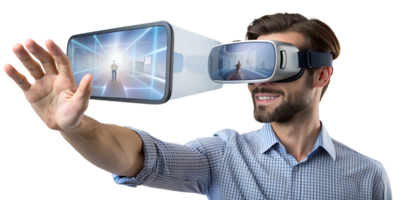Man experiencing virtual reality technology in a modern setting, cut out transparent png