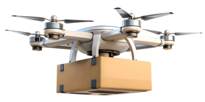 Delivery drone carrying a package over a suburban neighborhood, cut out transparent png