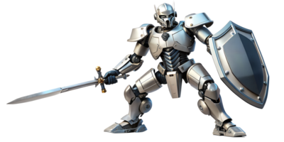 A silver robot knight wielding a sword and shield in a dynamic pose, cut out transparent png