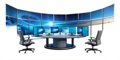 High-tech workstation with multiple monitors in a modern office setup, cut out transparent png