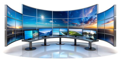 Modern workstation with multiple curved displays showcasing landscapes, cut out transparent png