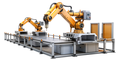 Robotic arms automate precise factory manufacturing tasks, cut out transparent png