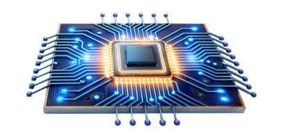 Advanced microchip with glowing circuits, cut out transparent png