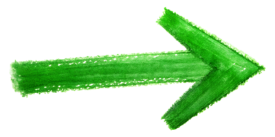 Green arrow drawn with crayon points towards a direction on paper, cut out transparent png