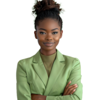 Smiling afro american business woman with crossed arms isolated transparent background png