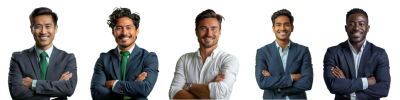 Smiling diverse group of businessman with crossed arms isolated in transparent background, picture collection png