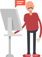 Bald Man Character Working on Computer png
