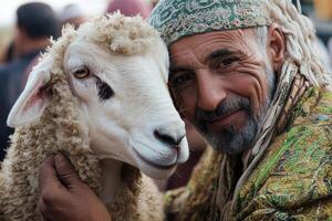 Close-up of elderly shepherd with wrinkled face holding white sheep, both looking at camera, traditional headwear photo