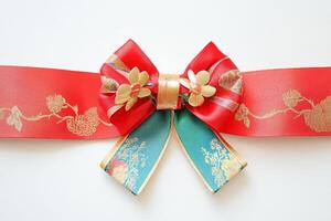 Red and turquoise bow adorned with golden flower patterns and decorative ribbon photo