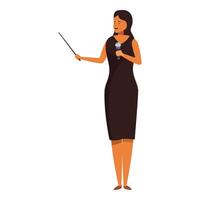 Confident businesswoman holding microphone and pointing with pointer stick vector