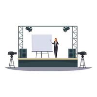 Public speaker giving a presentation on stage at a conference or business meeting vector
