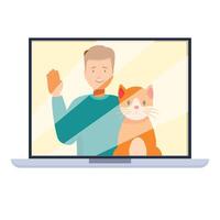 Young man is waving with his cat while on a video call vector