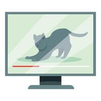 Gray cat stretching on computer monitor screen while playing video vector