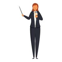 Smiling tv reporter holding microphone making interview pointing with stick vector