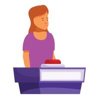 Woman standing behind counter pressing red button vector