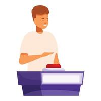Young man answering question and pushing red button in quiz show vector