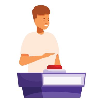 Young man answering question and pushing red button in quiz show