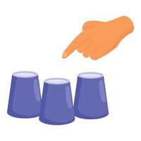 Hand pointing at three cups shell game swindle vector