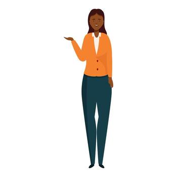 mujer de negocios es gesticulando con un abierto mano, indicando un presentación o Introducción vector