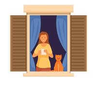 Woman drinking coffee with her cat in open window at night vector