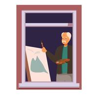 Senior man painting on canvas standing near window at evening time vector