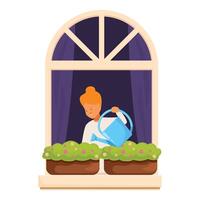 Woman is watering flowers in window boxes standing behind window with arched transom vector