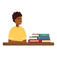 Young student smiles while sitting at a desk with a stack of books vector