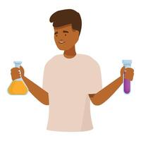 Young scientist comparing solutions in a conical flask and a test tube vector