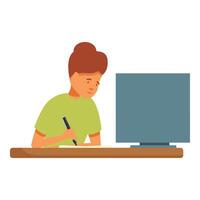 Young woman taking notes while working on computer at desk vector
