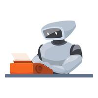Robot sitting at desk and typing using typewriter, artificial intelligence concept vector