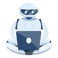 White robot is sitting cross legged using a laptop vector