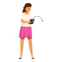 Woman using virtual reality glasses touching something with hands up in the air vector