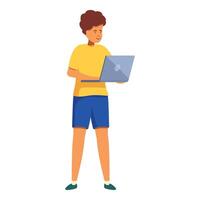 Young man working remotely using laptop standing up vector
