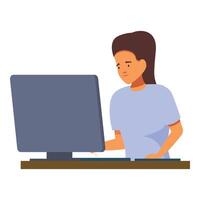 Young woman working as a graphic designer, focused on her work using a desktop computer vector