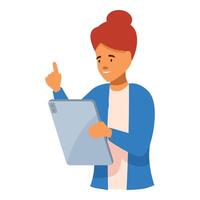Smiling woman holding tablet and pointing up with finger vector