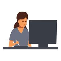 Focused female designer working on graphic tablet at desk with computer vector