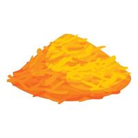 Pile of grated cheddar cheese is forming a hill on a white background vector