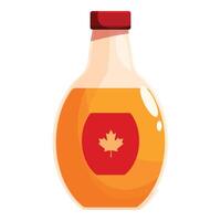 Glass bottle containing delicious canadian maple syrup with red label and maple leaf vector