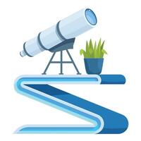 Telescope standing on futuristic shelf with glowing lamps and plant in pot vector
