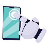 Robot hand using smartphone, touching screen with finger, modern technology vector