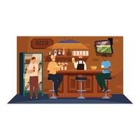 Bartender serving beer to customers sitting at bar counter in pub vector