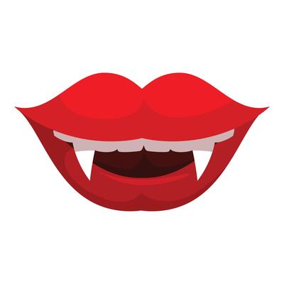 Vampire showing fangs with red lips baring teeth