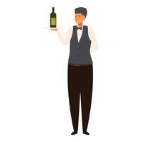 Smiling waiter holding a tray with a bottle of wine on it vector