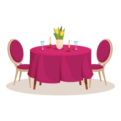 Round table with wine glasses and candles for romantic dinner date