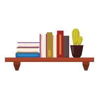 Wooden shelf holding stack of books and cactus in pot vector
