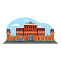 Prison building exterior with watch towers and bus passing by vector